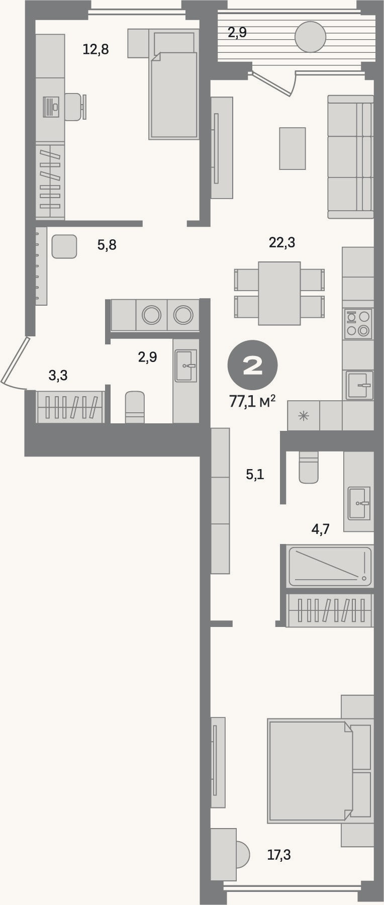 Планировка: 2-к, 74,2 м²