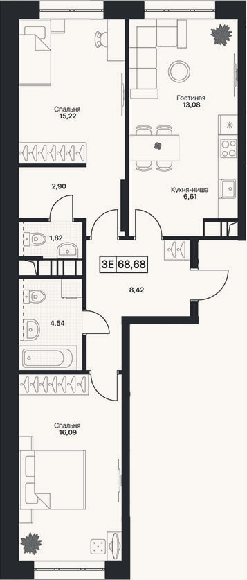 Планировка: 3-к, 68,7 м²