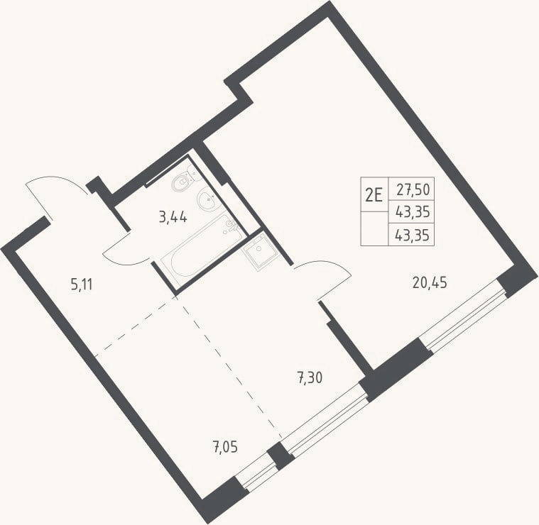 Планировка: 2-к, 42,2 м²