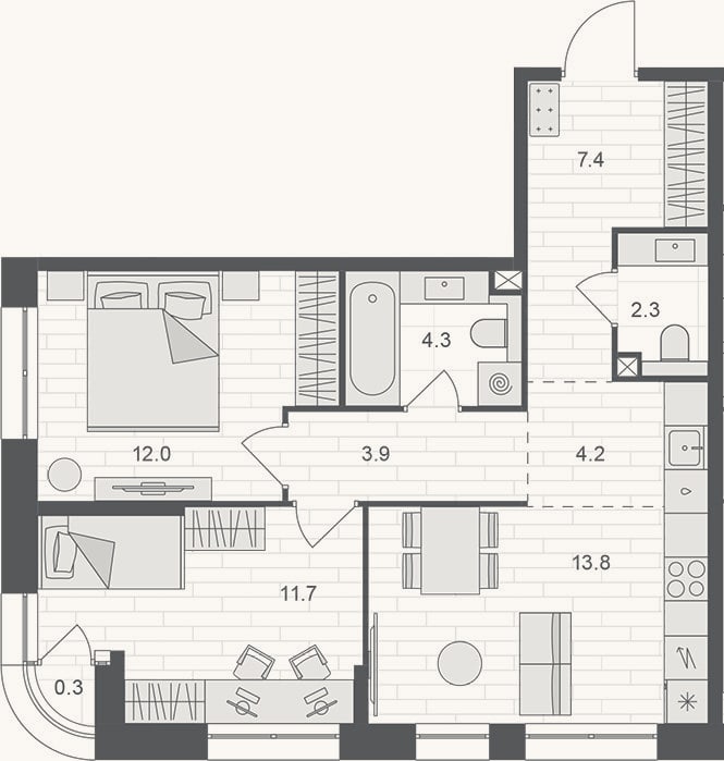 Планировка: 3-к, 59,6 м²
