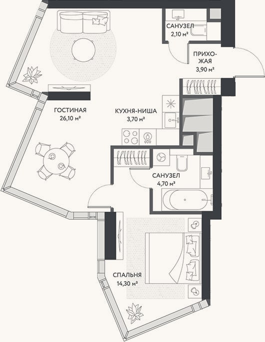 Планировка: 2-к, 54,8 м²