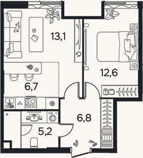 Планировка: 2-к, 44,4 м²
