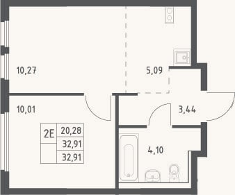 Планировка: 2-к, 32,9 м²