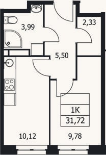 Планировка: 1-к, 31,7 м²