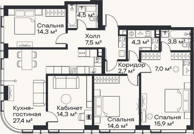Планировка: 4+ к, 116,3 м²