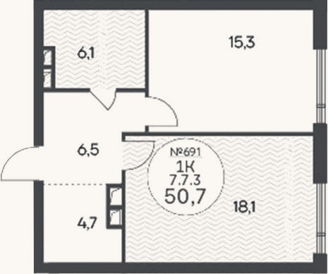 Планировка: 1-к, 50,7 м²