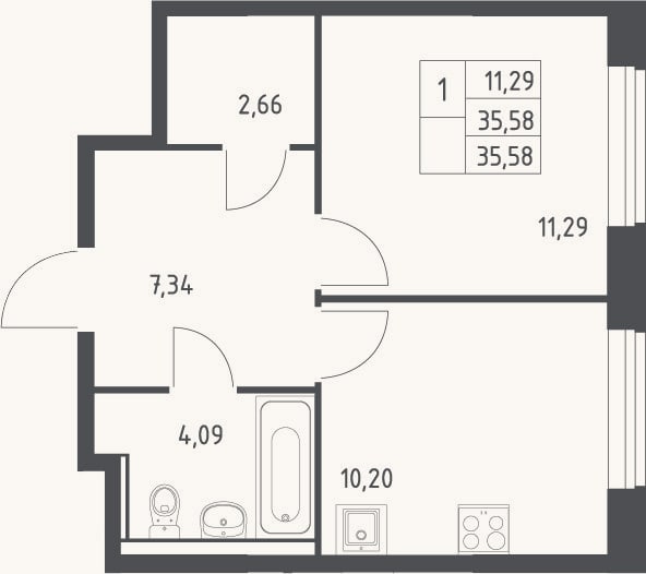 Планировка: 1-к, 35,6 м²
