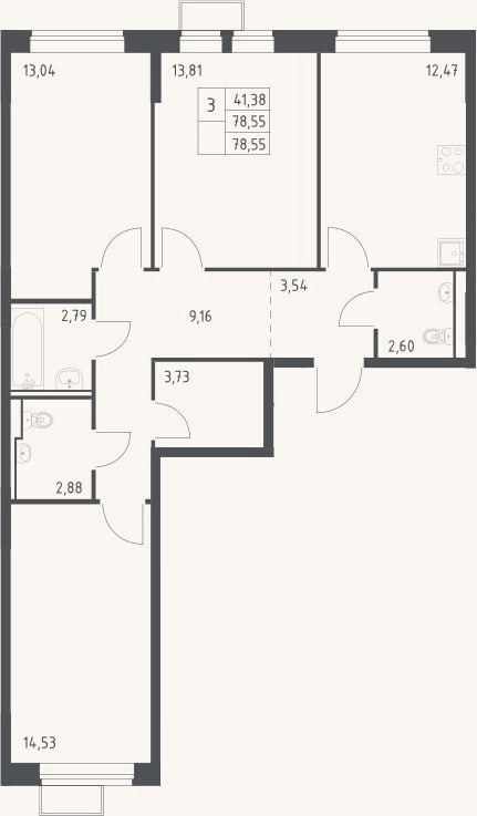 Планировка: 3-к, 78,6 м²