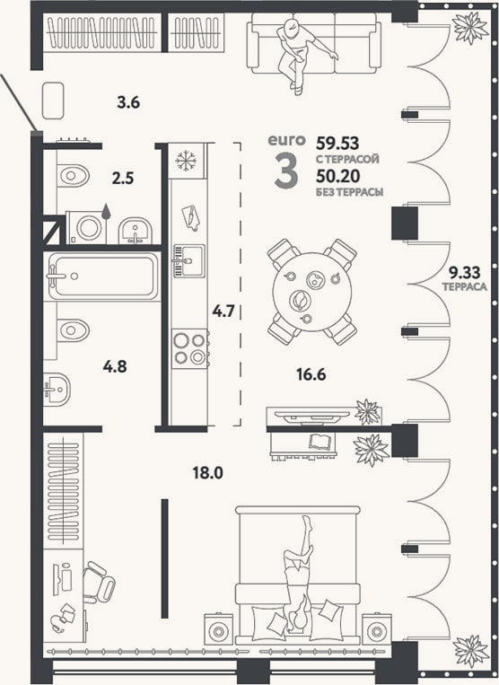 Планировка: 2-к, 50,2 м²