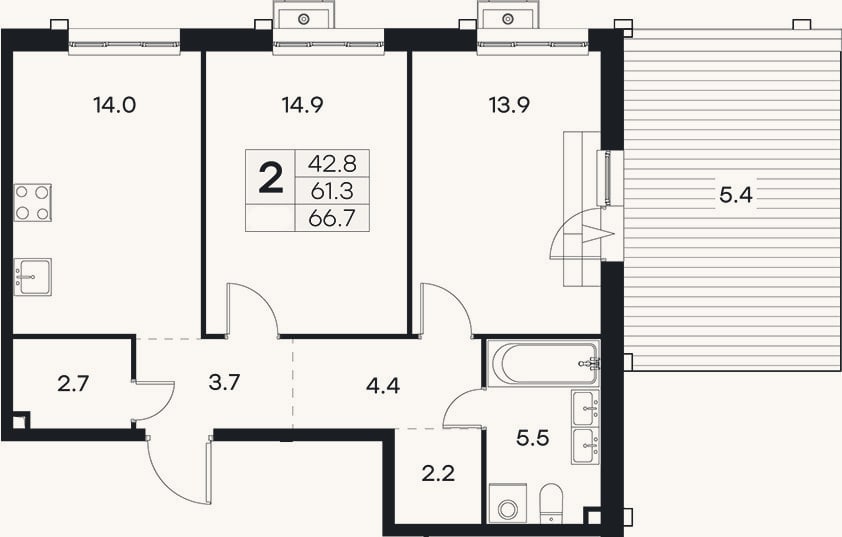 Планировка: 2-к, 61,3 м²