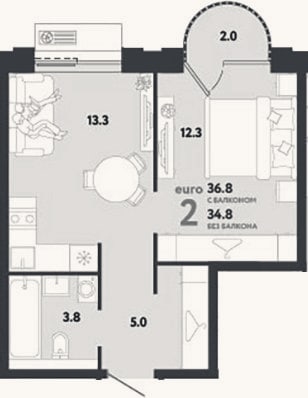 Планировка: 2-к, 34,8 м²