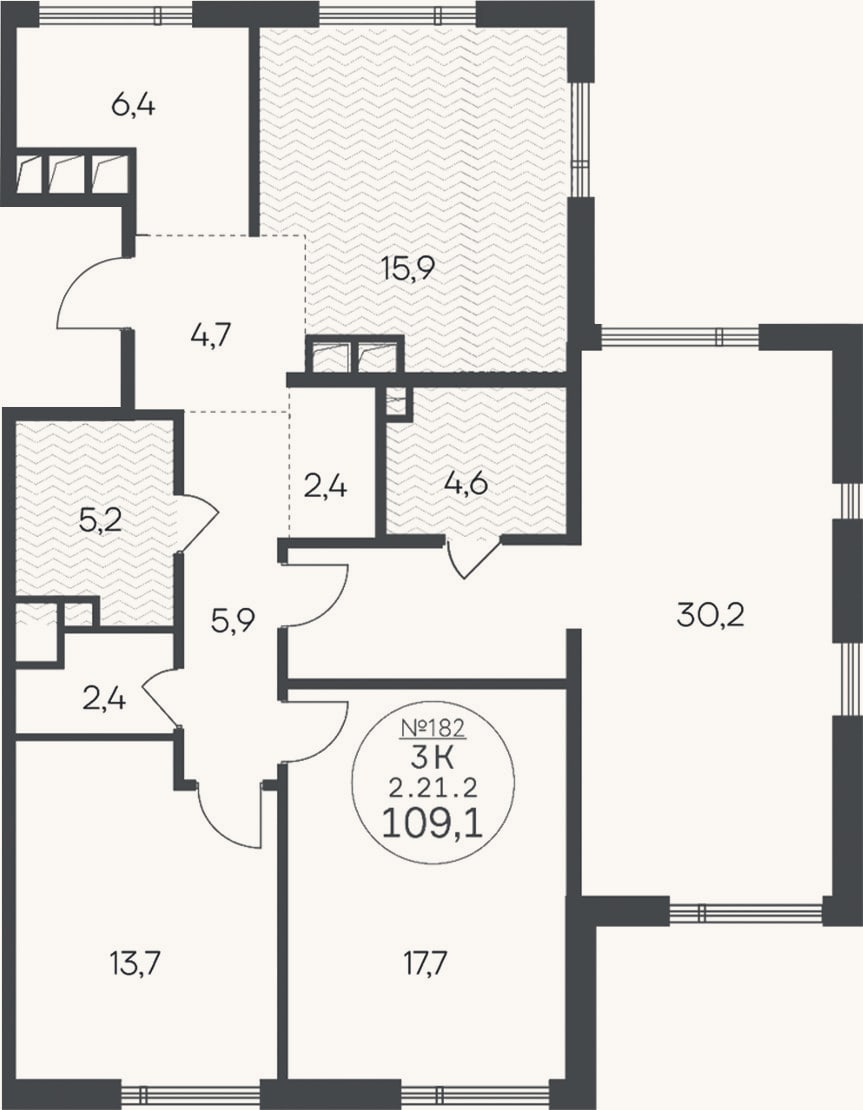 Планировка: 3-к, 109,1 м²