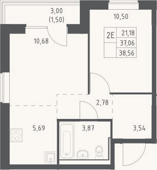 Планировка: 2-к, 37,1 м²