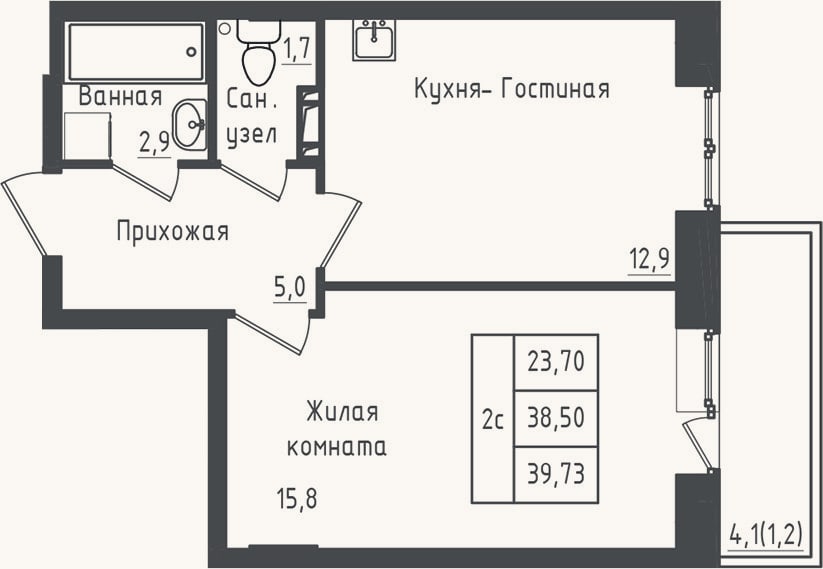 Планировка: 1-к, 38,2 м²