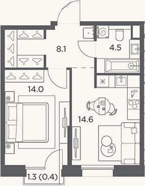 Планировка: 1-к, 41,2 м²