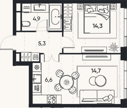 Планировка: 2-к, 45,8 м²