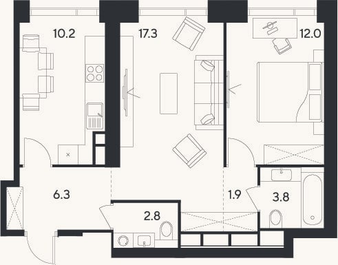 Планировка: 2-к, 54,3 м²