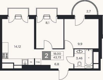 Планировка: 2-к, 42,9 м²
