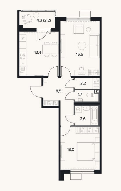 Планировка: 2-к, 59,9 м²