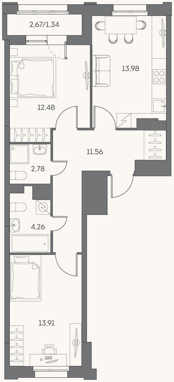 Планировка: 2-к, 59 м²