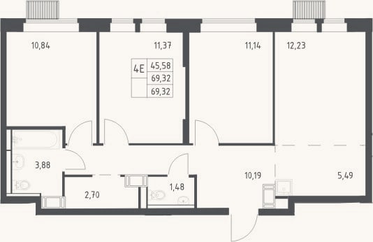 Планировка: 4+ к, 69,3 м²