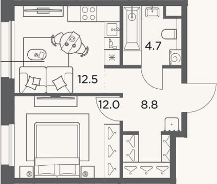 Планировка: 1-к, 38 м²