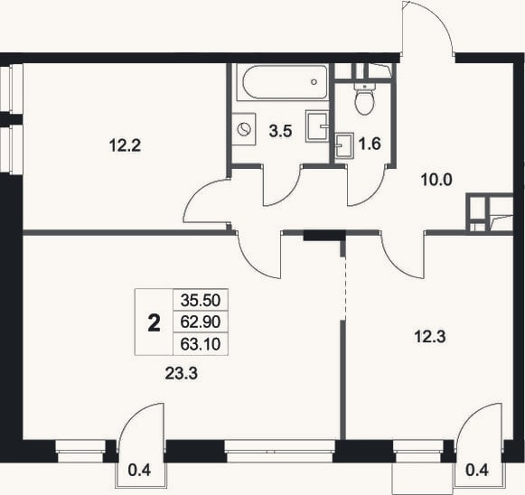 Планировка: 2-к, 62,9 м²