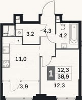 Планировка: 1-к, 35 м²