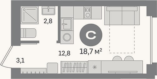 Планировка: Студия, 18,7 м²